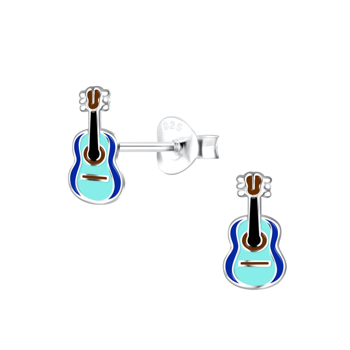 Joy|S - Zilveren gitaar oorbellen - 5 x 9 mm - blauw - kinderoorbellen