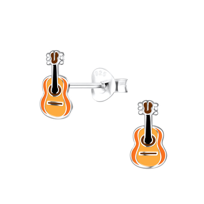 Joy|S - Zilveren gitaar oorbellen - 5 x 9 mm - oranje bruin - kinderoorbellen