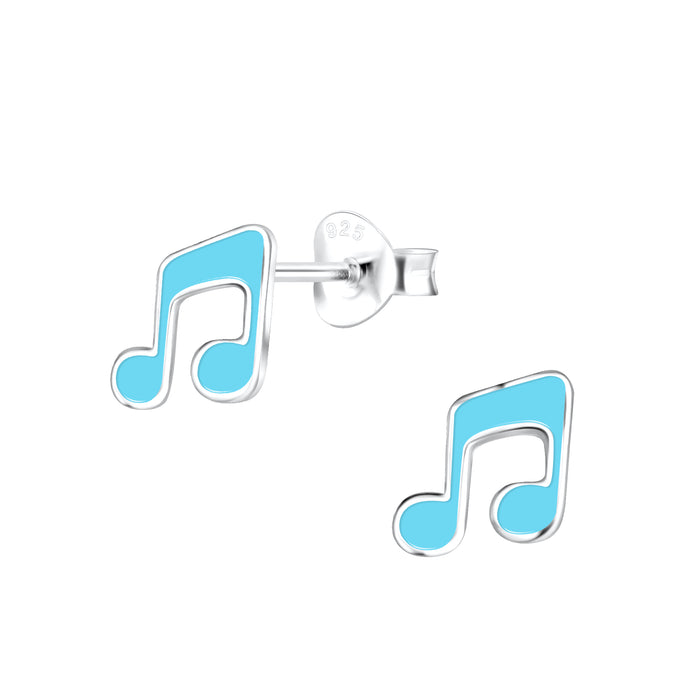 Joy|S - Zilveren muzieknoot oorbellen - 7 mm - turquoise blauw - muziek noot - kinderoorbellen