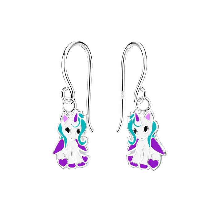 Joy|S - Zilveren baby eenhoorn bedel oorbellen - unicorn paardje met paars hartje - oorhangers - kinderoorbellen