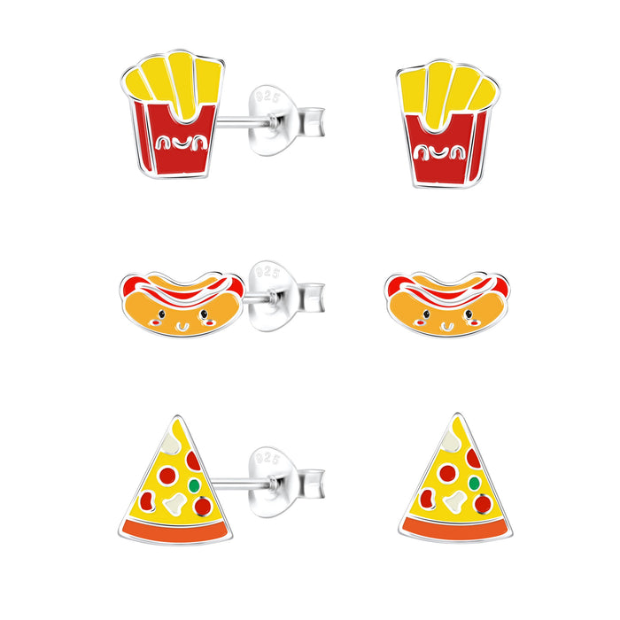 Joy|S - Zilveren oorbellen set - franse frietjes | hotdog | pizza - 3 paar - kinderoorbellen