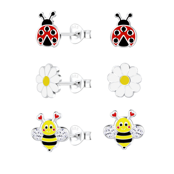 Joy|S - Zilveren oorbellen set - lieveheersbeestje | madelief bloem | bij - 3 paar oorknoppen - kinderoorbellen