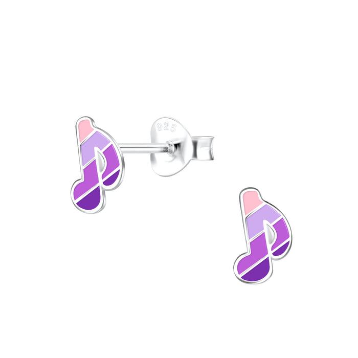 Joy|S - Zilveren muzieknoot oorbellen - 5 x 7 mm - roze paars gestreept - muziek noot oorknoppen - kinderoorbellen