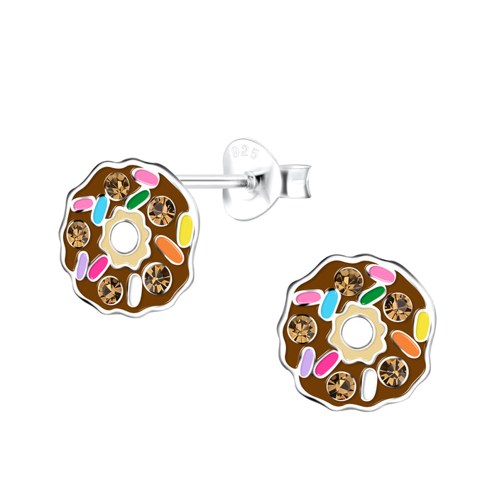 Joy|S - Zilveren donut oorbellen - chocolade met spikkels - 8 mm - kristal - kinderoorbellen