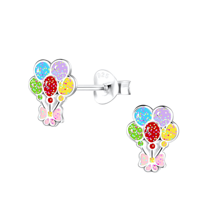 Joy|S - Zilveren ballon oorbellen - multicolor met glittertjes - roze strikje - 7 x 9 mm - feest oorknoppen - kinderoorbellen