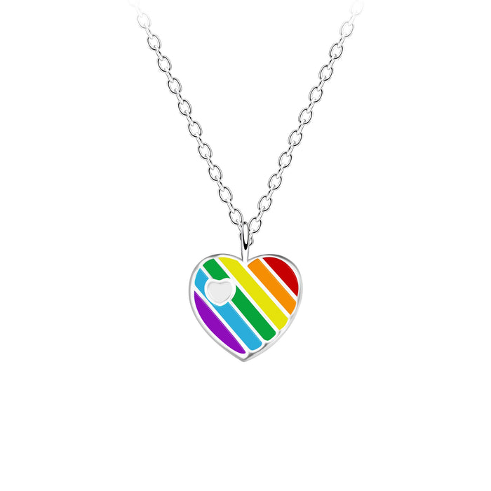 Joy|S - Zilveren hartje hanger met ketting - hartje multicolor regenboog streepjes - 36 cm + 5 cm extension