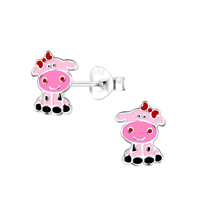 Joy|S - Zilveren koe oorbellen - 6 x 9 mm - roze met rood strikje - kinderoorbellen