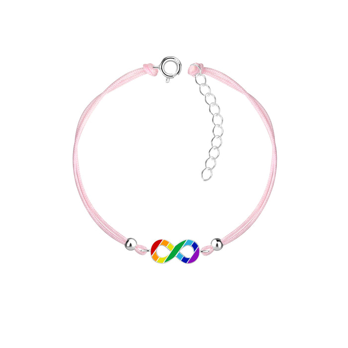 Joy|S - Zilveren infinity bedel armband - gestreepte multicolor infinity bedel sterling zilver 925 - roze koord - th22
