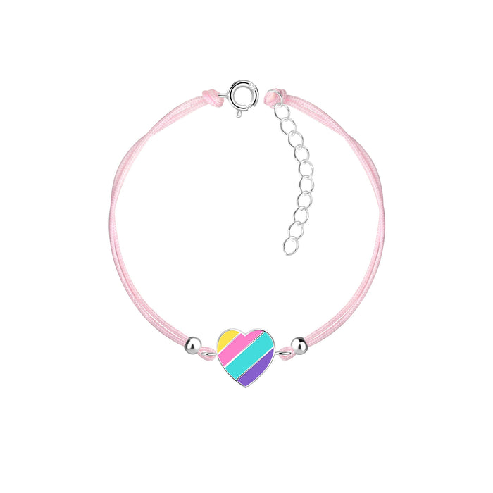 Joy|S - Zilveren hartje bedel armband - gestreept hartje sterling zilver 925 - roze koord - th16