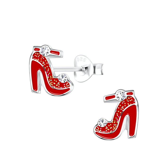 Joy|S - Zilveren schoen oorbellen - hoge hak / high heels - 7 x 9 mm - rood - kristal