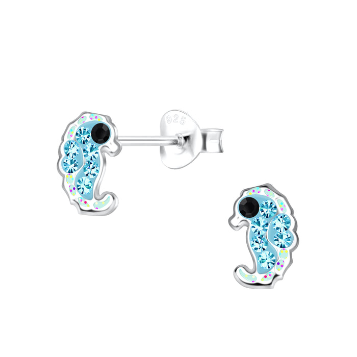 Joy|S - Zilveren baby zeepaardje - 5 x 8 mm - blauw - kristal - glittertjes - kinderoorbellen
