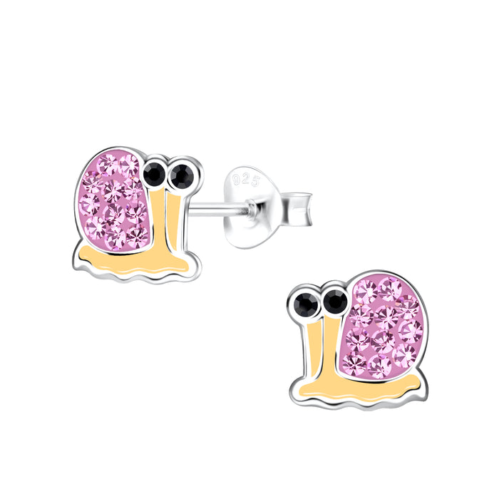 Joy|S - Zilveren slak oorbellen - 7 x 8 mm - roze huisje met roze kristal - kinderoorbellen