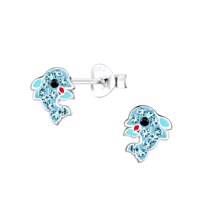 Joy|S - Zilveren dolfijn oorbellen - 6 x 8 mm - blauw met blauw kristal - kinderoorbellen
