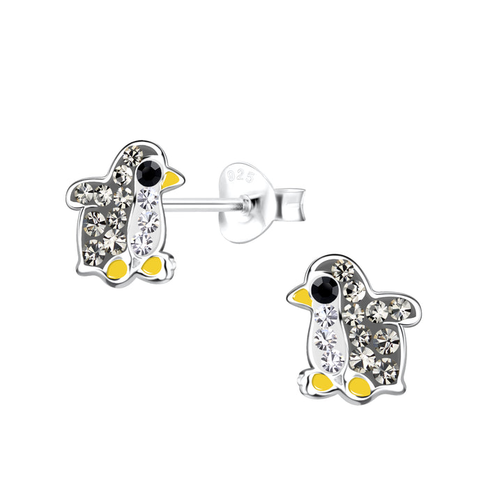 Joy|S - Zilveren pinguïn oorbellen - 7 x 8 mm - grijs geel met kristalletjes - kinderoorbellen
