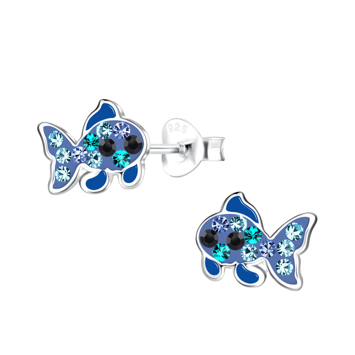 Joy|S - Zilveren vis oorbellen - 7 x 9 mm - blauw - kristal - visje oorknoppen - kinderoorbellen
