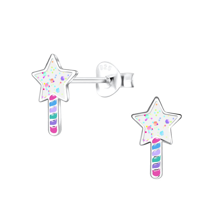 Joy|S - Zilveren ster oorbellen - 6 x 10 mm - glittertjes en verschillende kleurtjes - kinderoorbellen