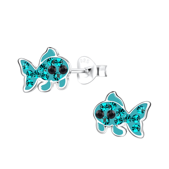 Joy|S - Zilveren vis oorbellen - 7 x 9 - turquoise blauw groen - kristal - visje oorknoppen - kinderoorbellen