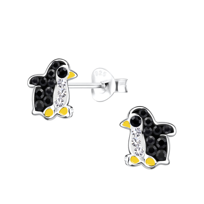 Joy|S - Zilveren pinguin oorbellen - 7 x 8 mm - zwart wit geel met kristalletjes - kinderoorbellen