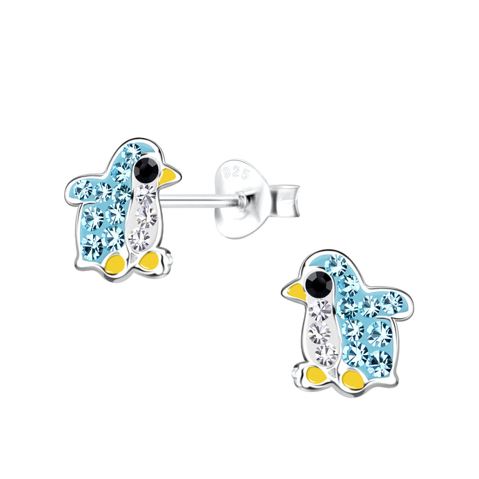 Joy|S - Zilveren pinguin oorbellen - 7 x 8 mm blauw wit geel met kristalletjes - kinderoorbellen