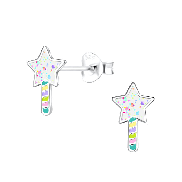 Joy|S - Zilveren ster oorbellen - 6 x 10 mm - multicolor en glittertjes - kinderoorbellen