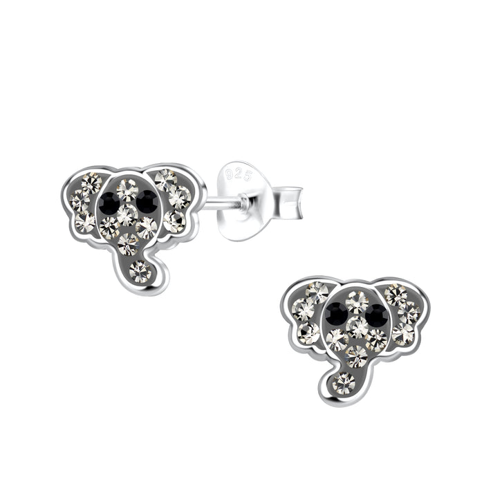 Joy|S - Zilveren olifant oorbellen - 8 x 7 mm - grijs antraciet met kristal - kinderoorbellen