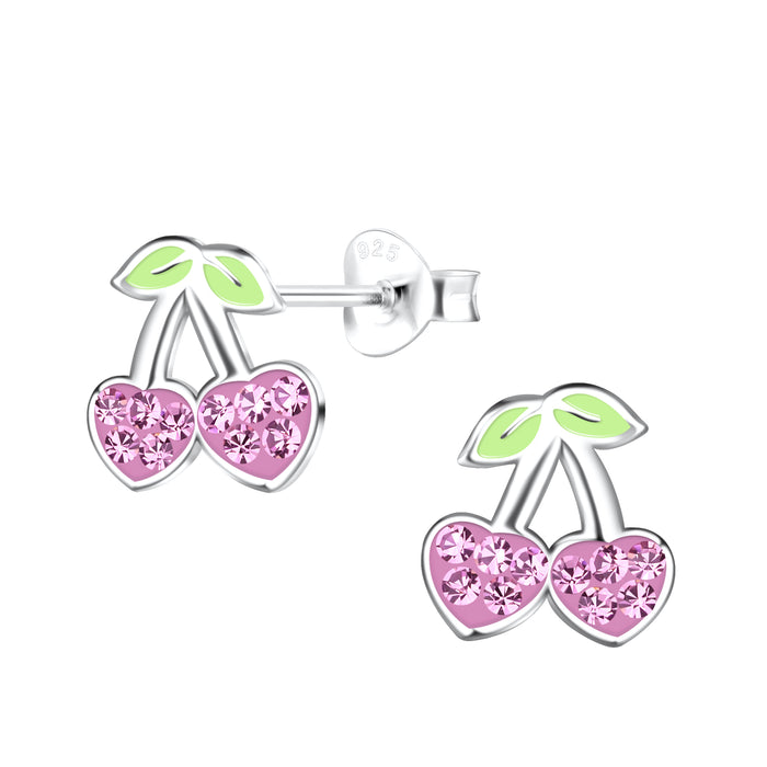 Joy|S - Zilveren kers oorbellen - 9 x 10 mm - roze hartjes - kristal - kinderoorbellen