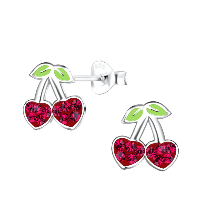 Joy|S - Zilveren kers oorbellen - 9 x 10 mm - rode hartjes - kristal - kinderoorbellen