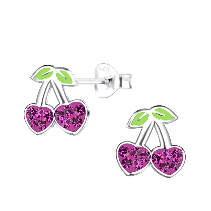 Joy|S - Zilveren kers oorbellen - 9 x 10 mm - cherise paarse hartjes - kristal - kinderoorbellen
