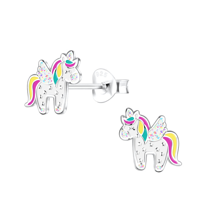 Joy|S - Zilveren eenhoorn oorbellen - glitter - unicorn met vleugeltjes - 9 mm - kinderoorbellen