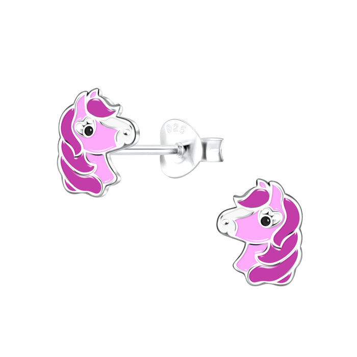 Joy|S - Zilveren paard oorbellen - roze - paardenhoofd - 6 x 9 mm - kinderoorbellen