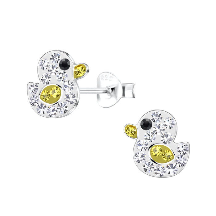 Joy|S - Zilveren eend oorbellen - 9 x 8 mm - wit met gele vleugeltjes - kristal - kinderoorbellen eendje