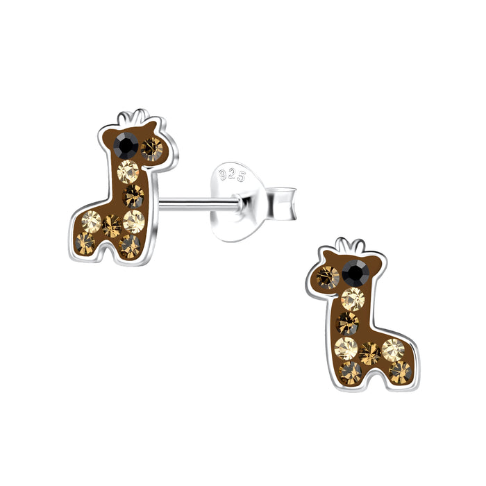 Joy|S - Zilveren baby giraf oorbellen - 7 x 9 mm - bruin - kristal - kinderoorbellen giraffe