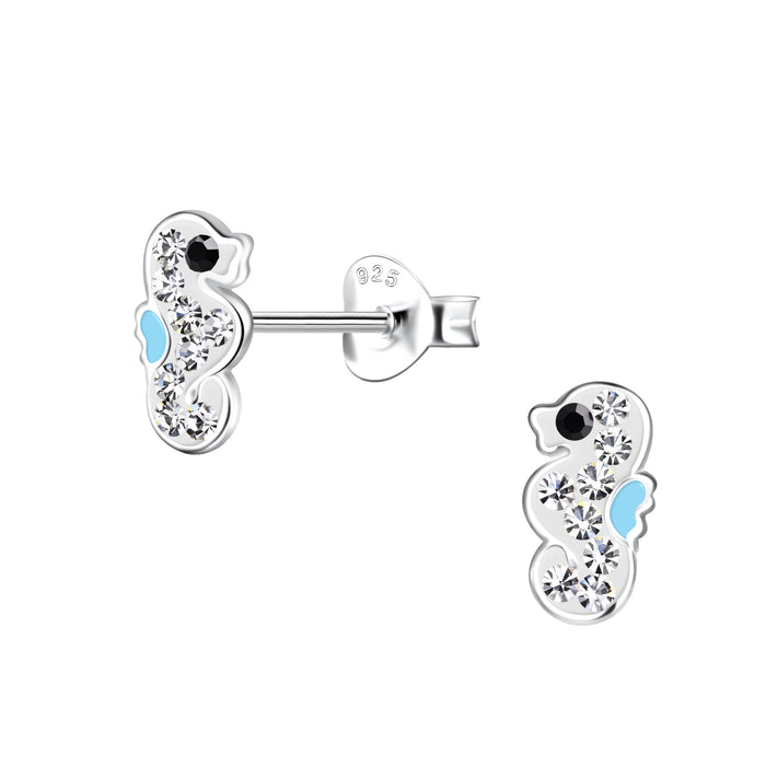 Joy|S - Zilveren zeepaardje oorbellen - 5 x 8 mm - kristal wit met blauw accentje- kinderoorbellen