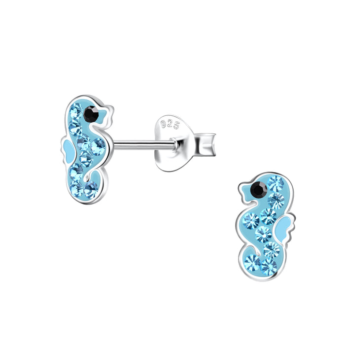 Joy|S - Zilveren zeepaardje oorbellen - 5 x 8 mm - blauw kristal - kinderoorbellen