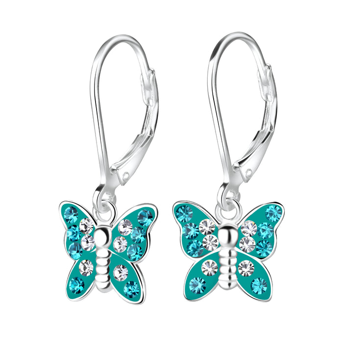 Joy|S - Zilveren vlinder bedel oorbellen - Blauw groen met turquoise kristal - leverback sluiting