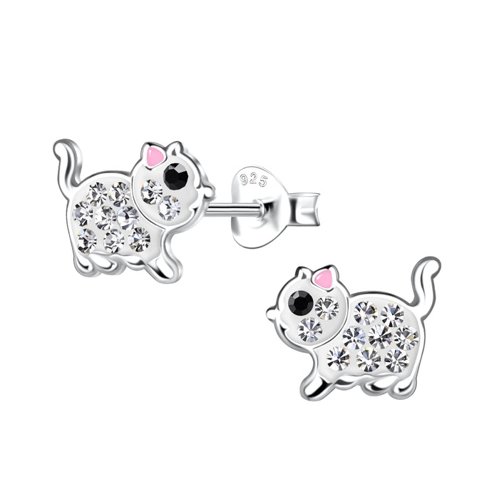 Joy|S - Zilveren kat poes oorbellen - 9 x 8 mm - zilver met roze oortjes - kristal - kinderoorbellen