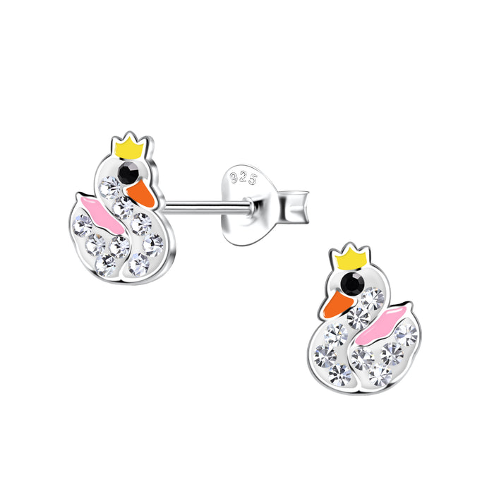 Joy|S - Zilveren zwaan oorbellen - wit roze met kristal en een geel kroontje - 6 x 8 mm - kinderoorbellen