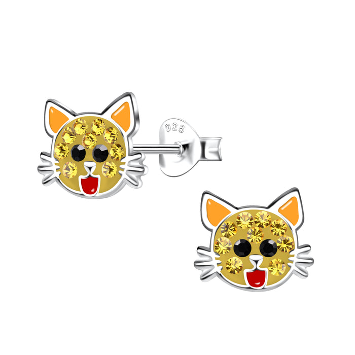 Joy|S - Zilveren kat poes oorbellen - 9 x 8 mm - oranje geel met geel kristal en een rood tongetje - kinderoorbellen