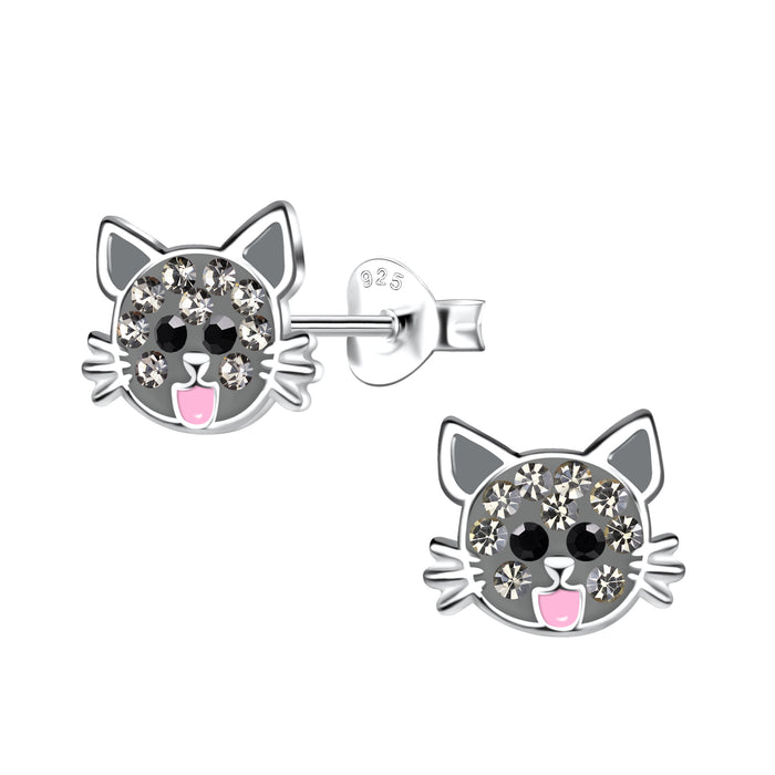 Joy|S - Zilveren kat poes oorbellen - 9 x 8 mm - grijs met grijs kristal en een roze tongetje - kinderoorbellen