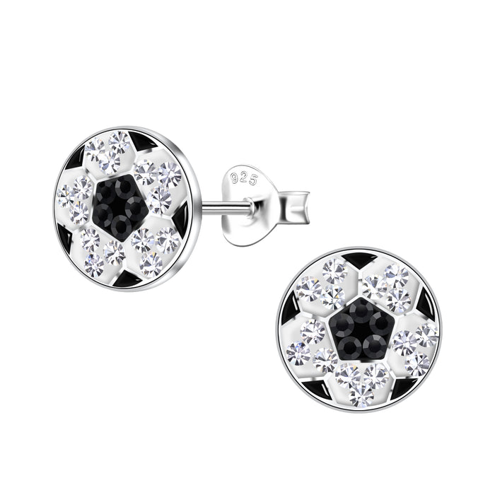 Joy|S - Zilveren voetbal oorbellen - 9 mm - zwart wit zilver met kristal - oorknoppen