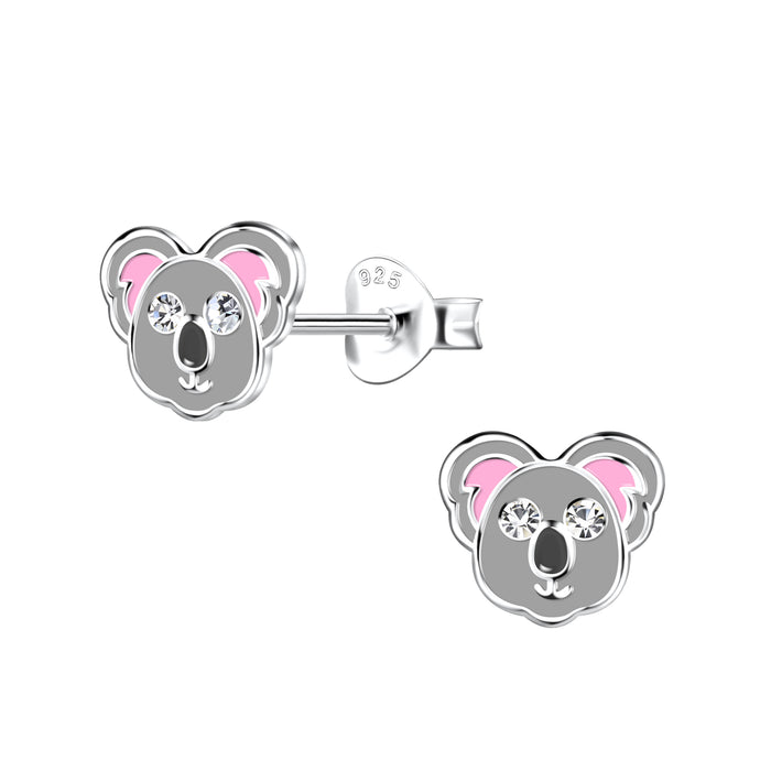 Joy|S - Zilveren koala oorbellen - grijs met roze oortjes - 8 x 7 mm - kristal - kinderoorbellen