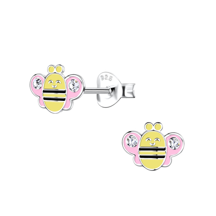 Joy|S - Zilveren Bij oorbellen - 8 x 6 mm - geel met roze vleugeltjes en een kristalletje - kinderoorbellen