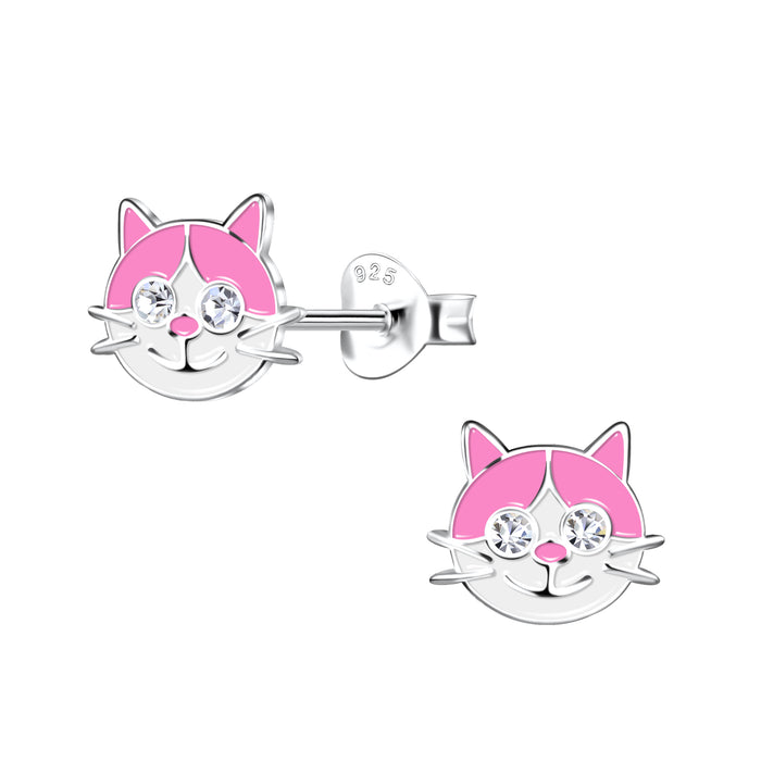 Joy|S - Zilveren kat poes oorbellen - 8 x 7 - roze wit - kristal - kinderoorbellen