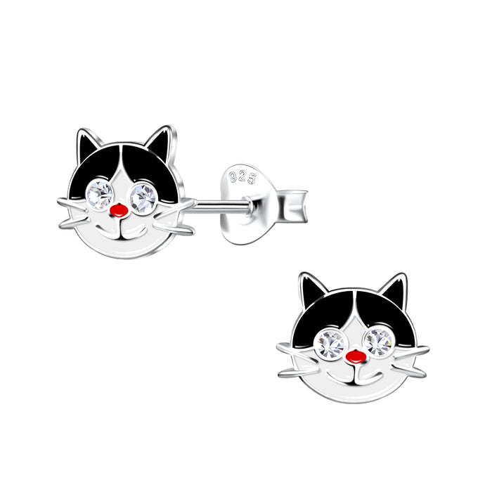 Joy|S - Zilveren kat poes oorbellen - 8 x 7 - zwart wit - kristal - kinderoorbellen