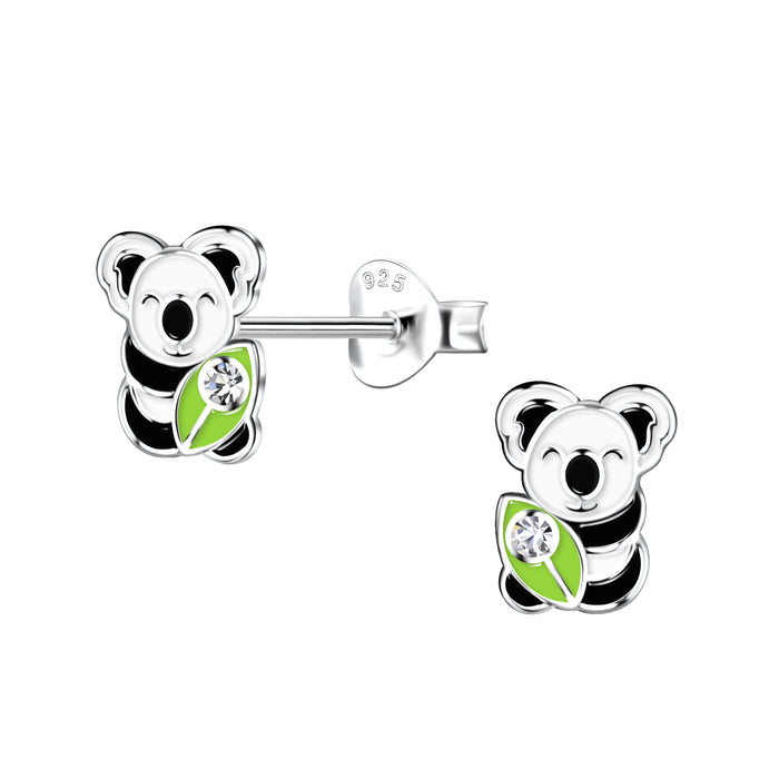 Joy|S - Zilveren koala oorbellen - 6 x 8 mm - zwart wit met groen bamboe blad - kristal - kinderoorbellen