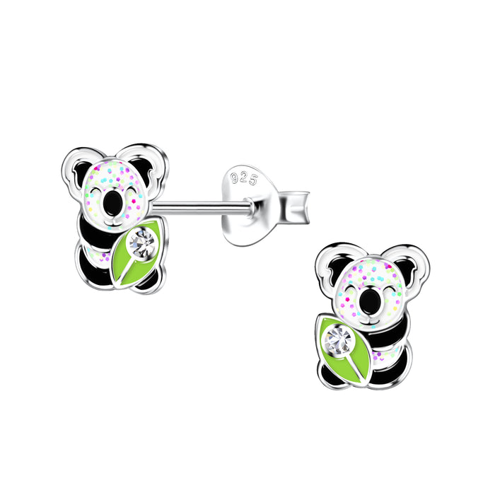 Joy|S - Zilveren koala oorbellen - 6 x 8 mm - zwart wit glitter met groen bamboe blad - kristal - kinderoorbellen