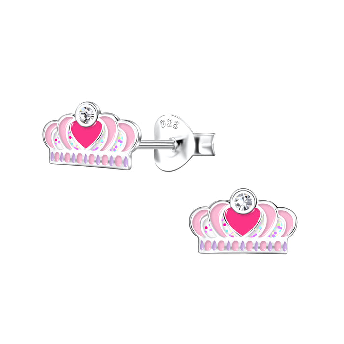 Joy|S - Zilveren kroontje oorbellen - 8 x 5 mm - roze met roze hartje en glittertjes - prinses oorknoppen - kinderoorbellen