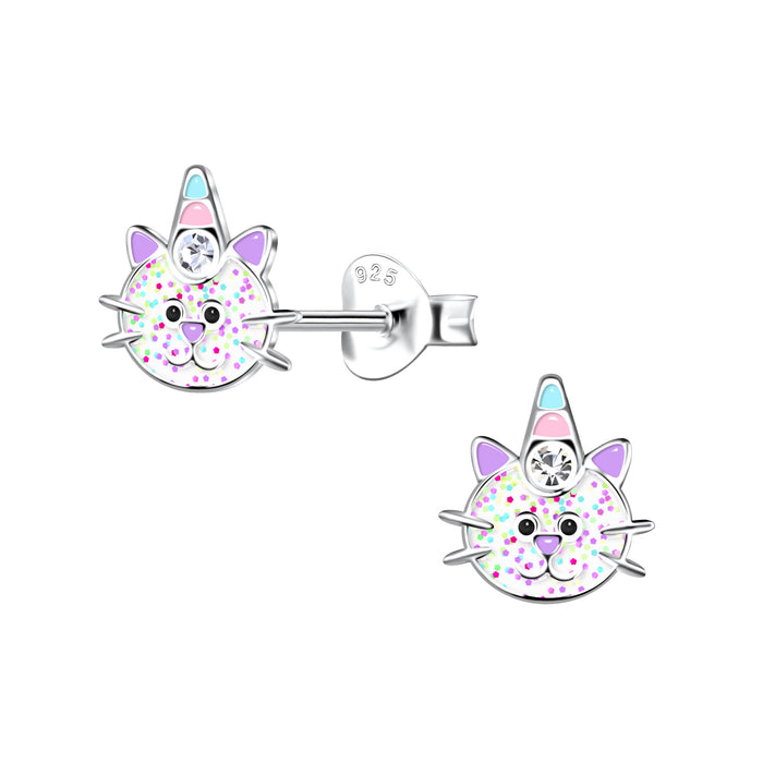 Joy|S - Zilveren kat poes oorbellen - met feestmutsje / hoorn glitters en een paars neusje - 7 x 8 mm - kristal - caticorn - kinderoorbellen