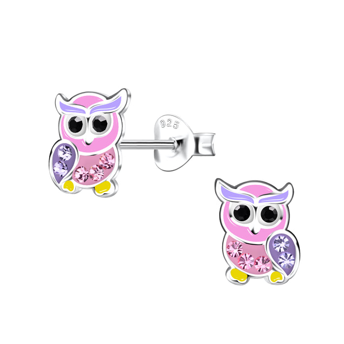 Joy|S - Zilveren uil oorbellen - 6 x 8 mm - roze paars met gele pootjes - kristal - kinderoorbellen