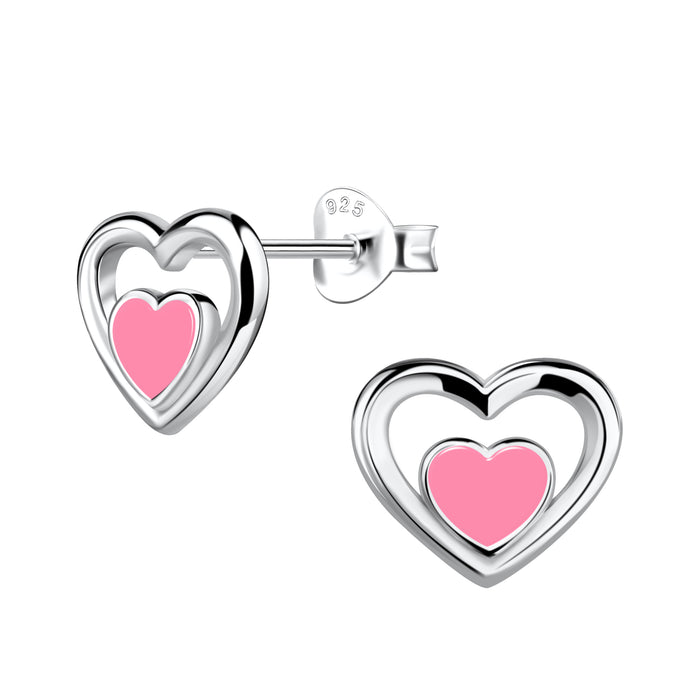 Joy|S - Zilveren hartje oorbellen - 10 x 9 mm - zilver hart met daarin een roze hartje - gepolijst - oorknoppen met vlindersluiting